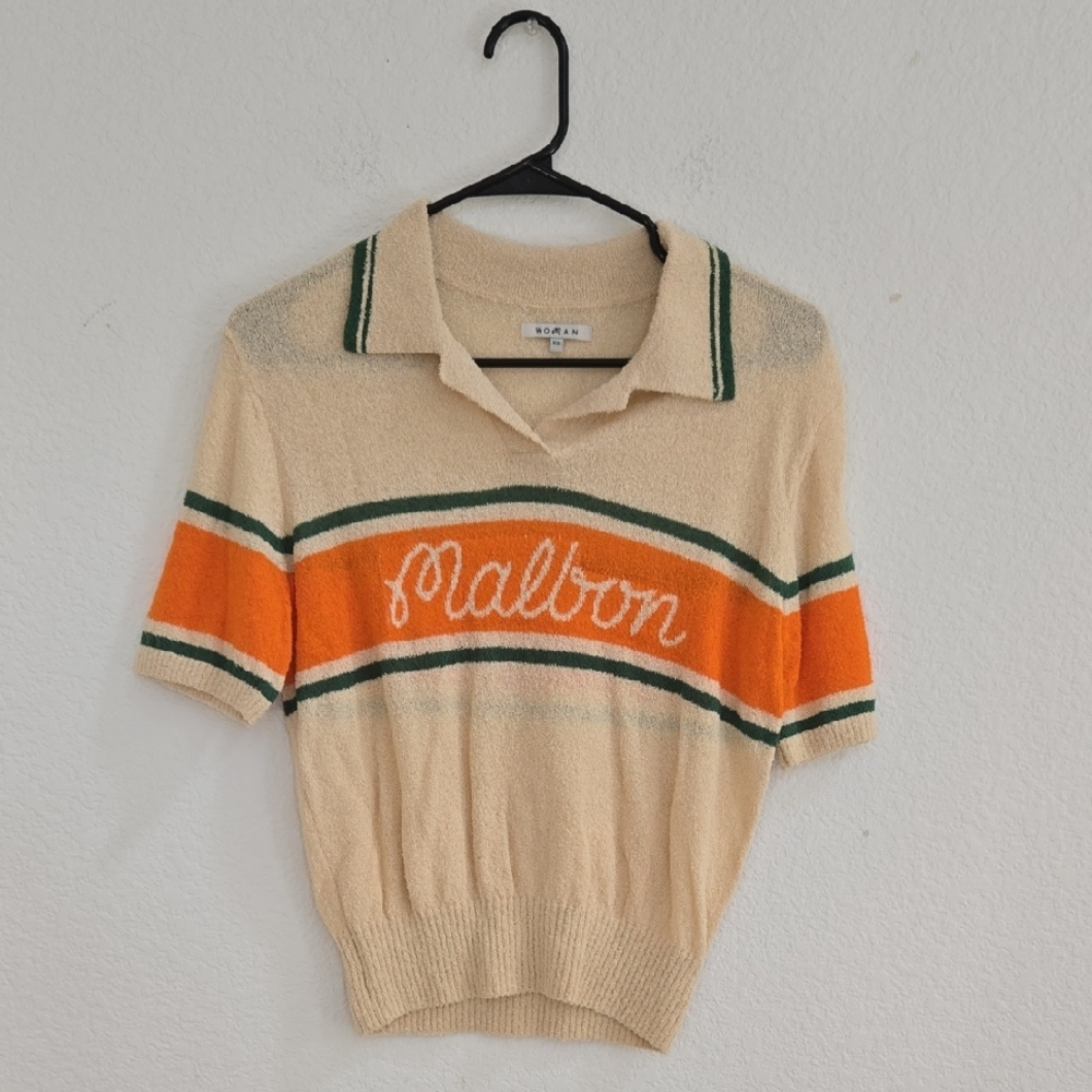 NOBAN Cream & Orange Short Sleeve Polo Tee - 'Malbon' Script Golf Shirt